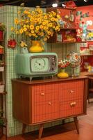 Retro Style Room Decor With Clock And Flowers photo