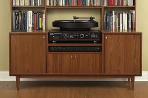Vintage Stereo System With Bookshelves And Record Player photo