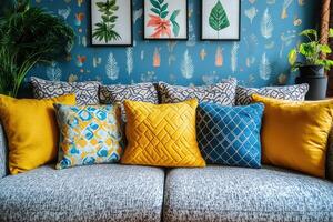 Stylish Sofa Decorated With Yellow Blue Pillows And Botanical Wall Art photo
