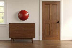Red Circle Decorates Minimalist Room With Wooden Chest And Door photo