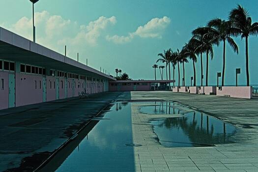 Pink building and palm trees beside a reflecting pool photo