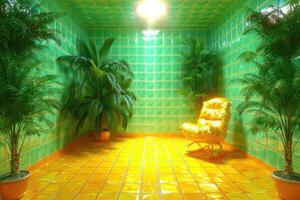 Vibrant Green Room With Golden Chair And Palm Plants photo