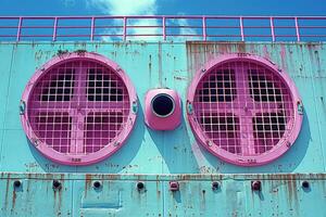 Rusty Aqua Wall With Pink Circular Grilles And Railing photo