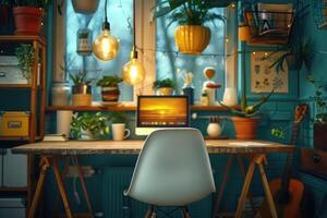 Cozy Home Office Workspace With Plants and Edison Bulbs photo