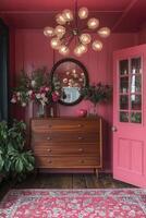 Pink Room Interior Decor With Wooden Dresser And Flowers photo