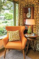 Orange Armchair in a Room with Leopard Print Curtains photo