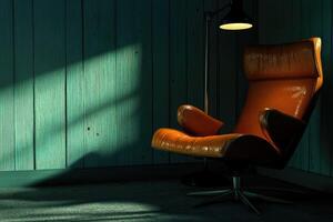 Orange Leather Chair In A Room With Teal Walls photo
