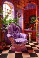 Vibrant Purple Chair in a Colorful Room Decorated with Flowers photo