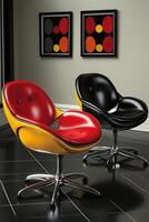 Modern Red Yellow and Black Swivel Chairs with Abstract Art photo