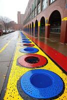Colorful Circular Pavement Art Near Brick Building photo