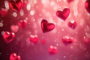 Red hearts falling against a pink bokeh background photo