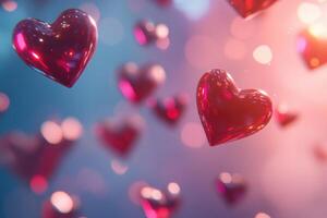 Red Glass Hearts Floating in Soft Light Background photo