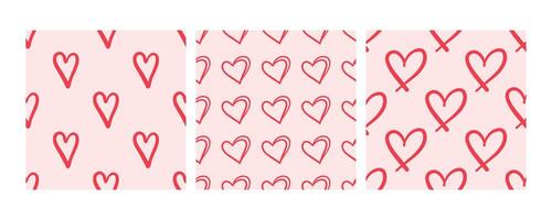 Seamless patterns with hand-drawn red hearts on pink background vector