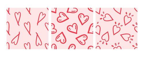 Repeating pattern with red hand-drawn hearts on pink background vector