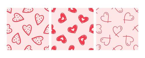 Seamless pattern with red polka dots and outlined hearts in doodle style vector