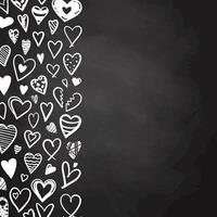 Vertical border design with various white hearts in doodle style on chalkboard background vector