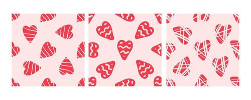 Seamless pattern with red hearts on pink background in doodle style vector