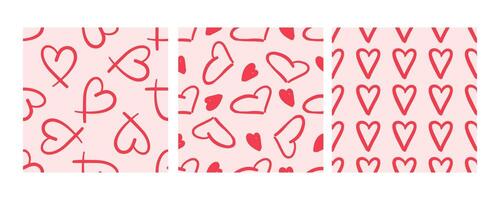 Seamless design with red sketched hearts on pink background vector