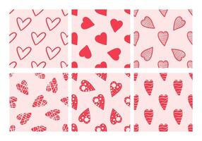Set of seamless patterns with red hearts on pink background vector