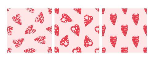Seamless pattern with abstract red hearts on pink background in doodle style vector