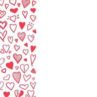 Vertical border with red doodle hearts on white background vector