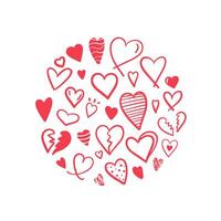 Round composition of red doodle hearts on white background vector