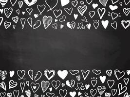 Border with various white hearts on chalkboard background in doodle style vector