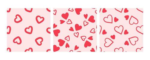 Seamless patterns with red hand-drawn hearts on pink background vector