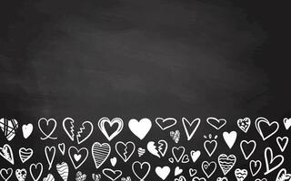 Bottom border with white doodle hearts on chalkboard background in sketch style vector