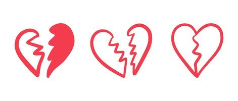 Set of broken heart icons in red color, doodle style vector