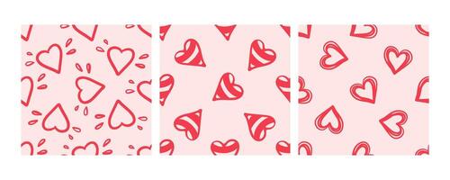 Hand-drawn red hearts seamless pattern on light pink background vector