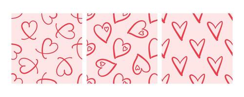 Seamless patterns with red hearts on light pink background vector