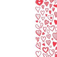 Vertical border design with various red hearts in doodle style vector