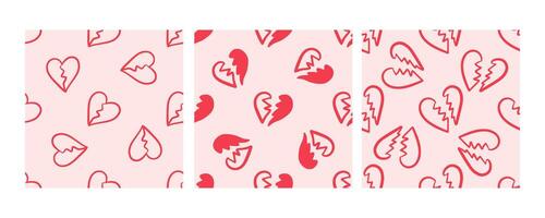 Broken hearts seamless pattern on pink background in doodle style vector