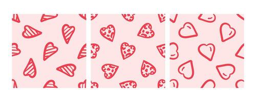 Seamless pattern with striped, spotted, and outlined hearts in doodle style vector
