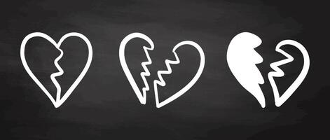Set of broken heart icons in doodle style on chalkboard vector