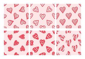 Pack of seamless patterns with red hearts on pink background vector