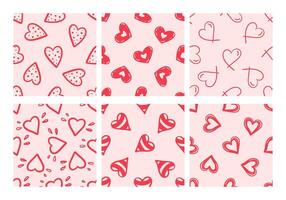 Set of seamless patterns with red doodle hearts on pink background vector