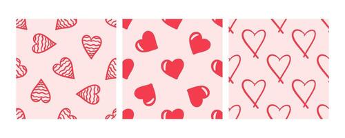 Cute seamless patterns with red hearts on pink in doodle style vector