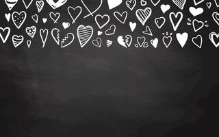 Top border with white doodle hearts on chalkboard background in sketch style vector
