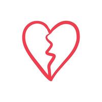 Red broken heart outline symbol isolated on white in doodle style vector