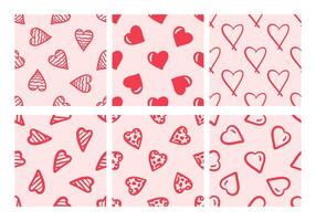 Set of seamless patterns featuring red hearts on pink background vector