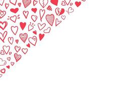 Diagonal corner heart border with red doodles on white background vector