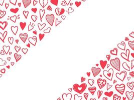 Diagonal heart border design with red doodles on white background vector