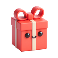 A whimsical 3D image of a present with a cheerful expression, tied with a ribbon and topped with a bow, ideal for gift giving themes, surprises, and festive occasions. png