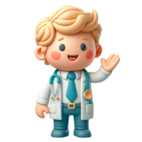 Cartoon style smiling doctor character with stethoscope waving in friendly gesture on transparent background png