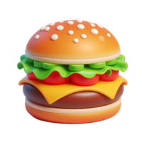 A colorful 3D image of a juicy burger with cheese, lettuce, tomato, and sesame seed bun, ideal for advertising, culinary themes, and snack concepts. png