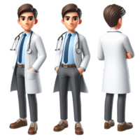 3D Doctor Character in White Lab Coat with Stethoscope in Various Poses png