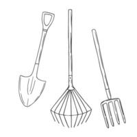 Gardening tools illustration in sketch style. Shovel, pitchfork and a rake. vector
