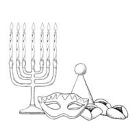 Purim masquerade and carnival symbols and menorah with candles black and white illustration with mask, party cone and hamantaschen cookies. Hand drawn line sketch for kids Purim coloring book vector